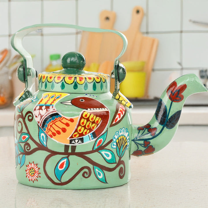 INDHA Hand-Painted Aluminum Decorative Kettle – Sparrow on Branch Artwork | Nature-Inspired Bird Design | 1-Litre | Home Décor, Tea Serving & Gifting