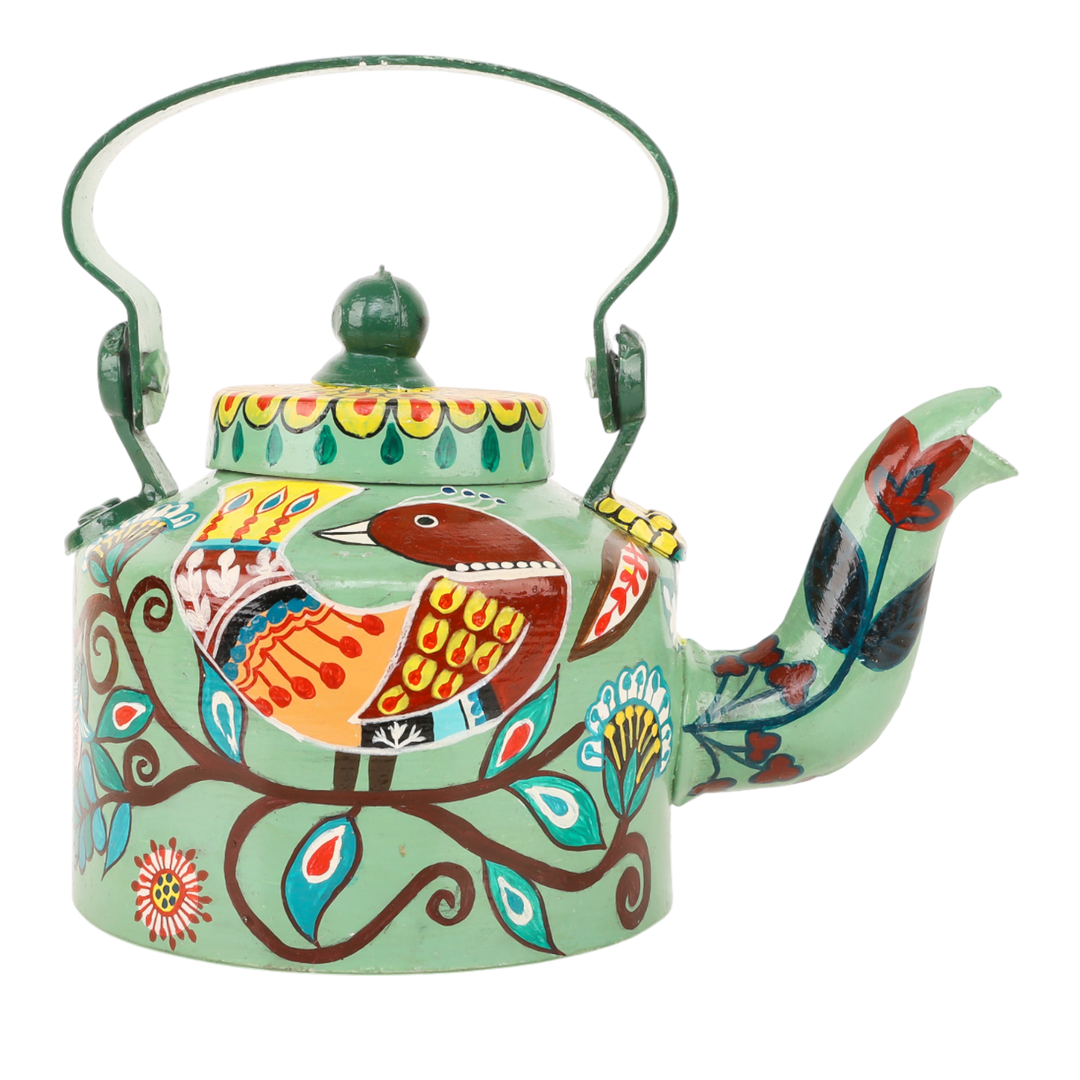 INDHA Hand-Painted Aluminum Decorative Kettle – Sparrow on Branch Artwork | Nature-Inspired Bird Design | 1-Litre | Home Décor, Tea Serving & Gifting
