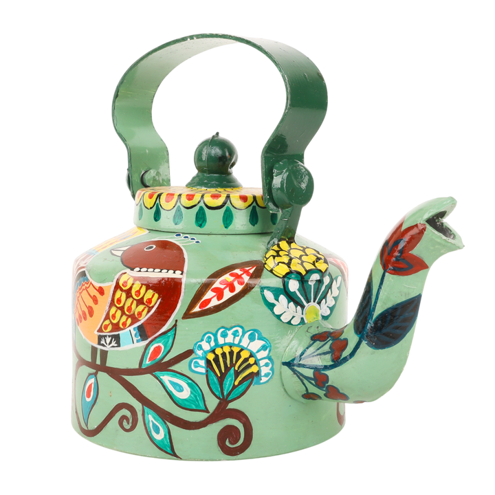 INDHA Hand-Painted Aluminum Decorative Kettle – Sparrow on Branch Artwork | Nature-Inspired Bird Design | 1-Litre | Home Décor, Tea Serving & Gifting