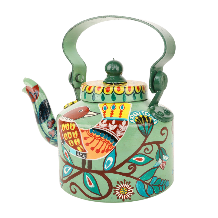 INDHA Hand-Painted Aluminum Decorative Kettle – Sparrow on Branch Artwork | Nature-Inspired Bird Design | 1-Litre | Home Décor, Tea Serving & Gifting