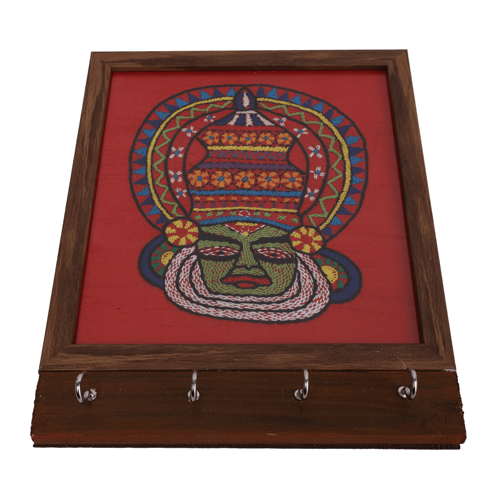 Indha Handcrafted Key Holder Kathakali Face Embroidery |Red Dupion Silk Key Holder| Hand Embroidered Chain Stitch And Kantha Work Multicolor Kathakali Dancer Face Design |
