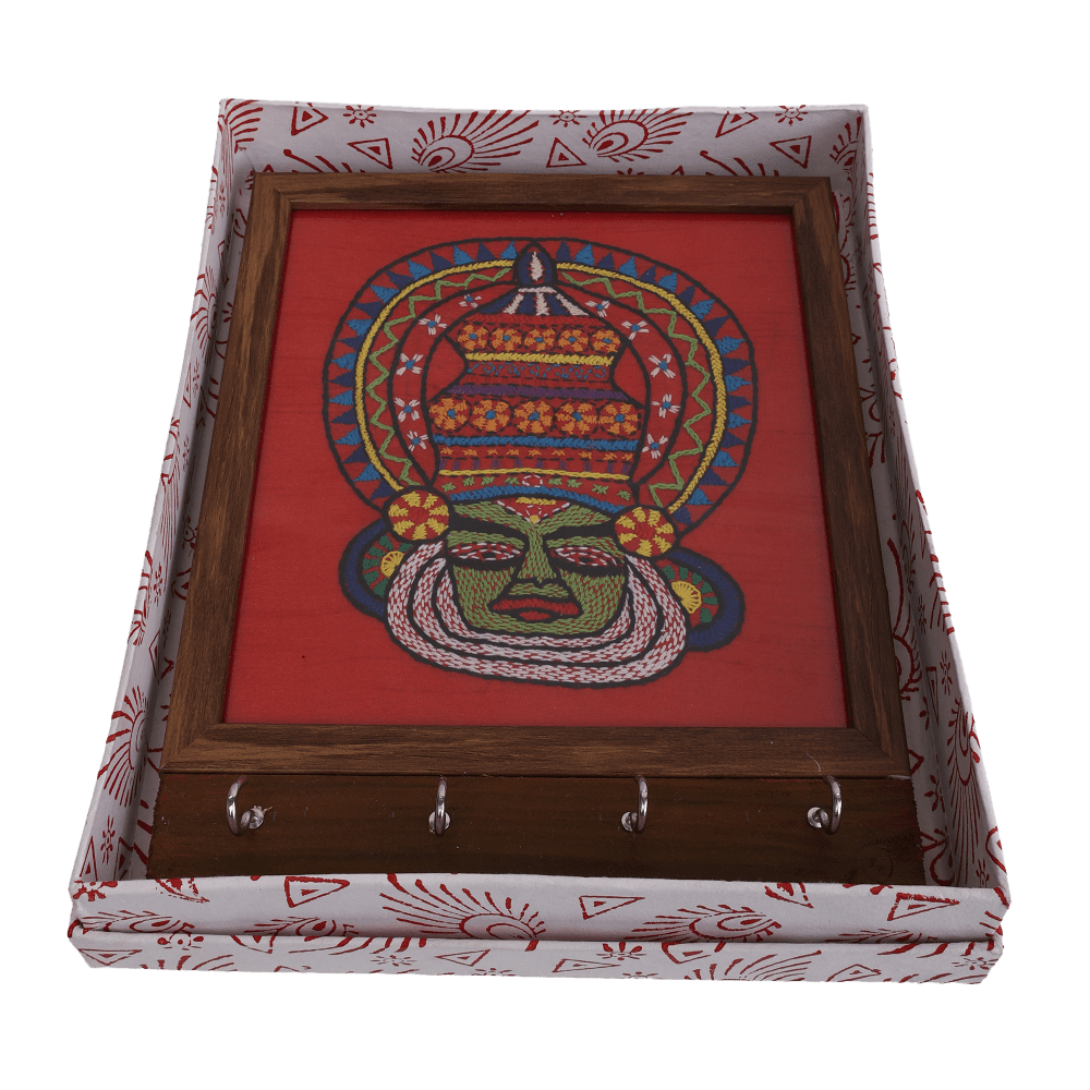 Indha Handcrafted Key Holder Kathakali Face Embroidery |Red Dupion Silk Key Holder| Hand Embroidered Chain Stitch And Kantha Work Multicolor Kathakali Dancer Face Design |