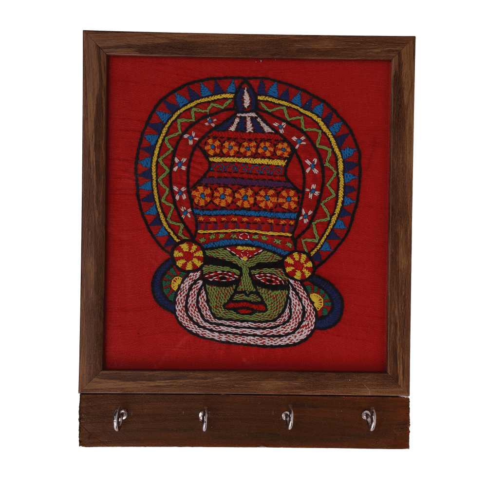 Indha Handcrafted Key Holder Kathakali Face Embroidery |Red Dupion Silk Key Holder| Hand Embroidered Chain Stitch And Kantha Work Multicolor Kathakali Dancer Face Design |