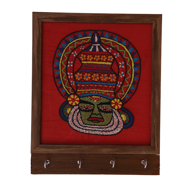 Indha Handcrafted Key Holder Kathakali Face Embroidery |Red Dupion Silk Key Holder| Hand Embroidered Chain Stitch And Kantha Work Multicolor Kathakali Dancer Face Design |