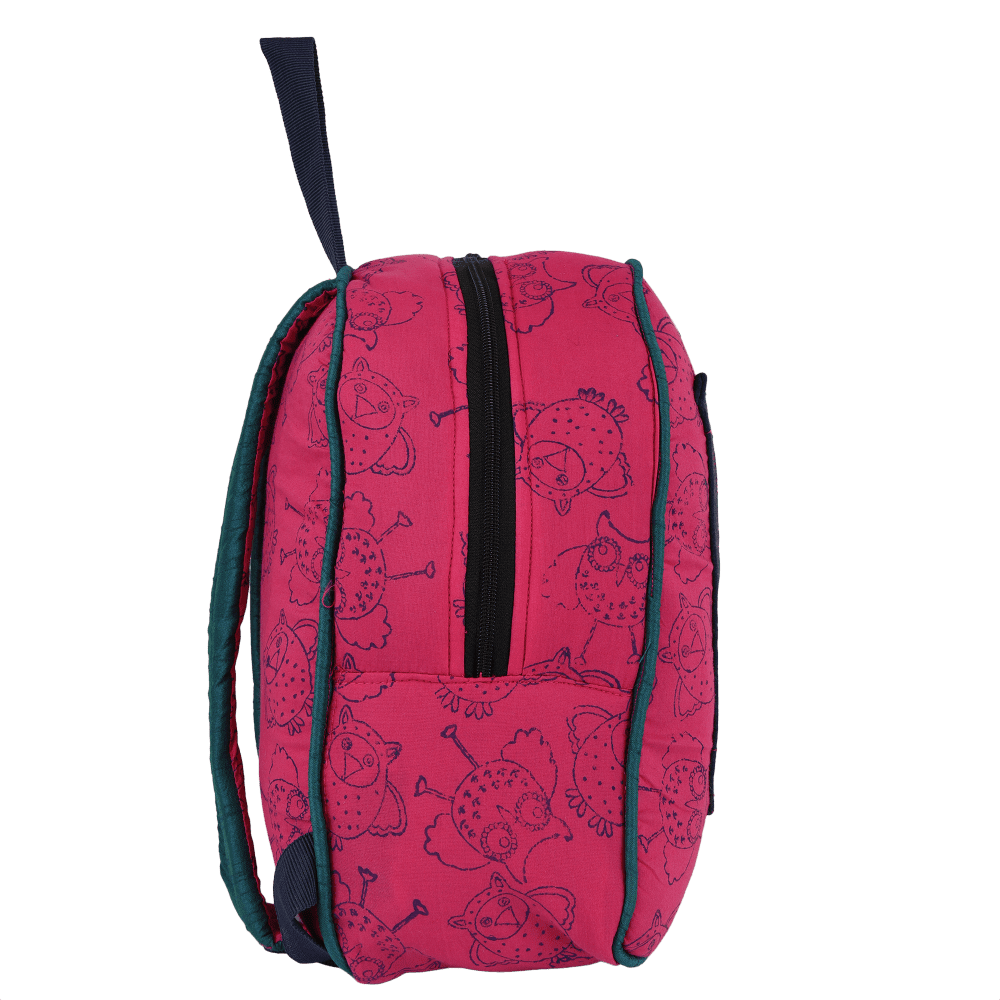 INDHA Kids Backpack Bag | Handcrafted Backpack Bag | Pink Cotton Kids Backpack Bag | Hand Block Printed Owl Design Motif | Teal Green Dupion Silk |