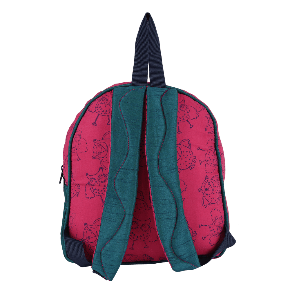 INDHA Kids Backpack Bag | Handcrafted Backpack Bag | Pink Cotton Kids Backpack Bag | Hand Block Printed Owl Design Motif | Teal Green Dupion Silk |