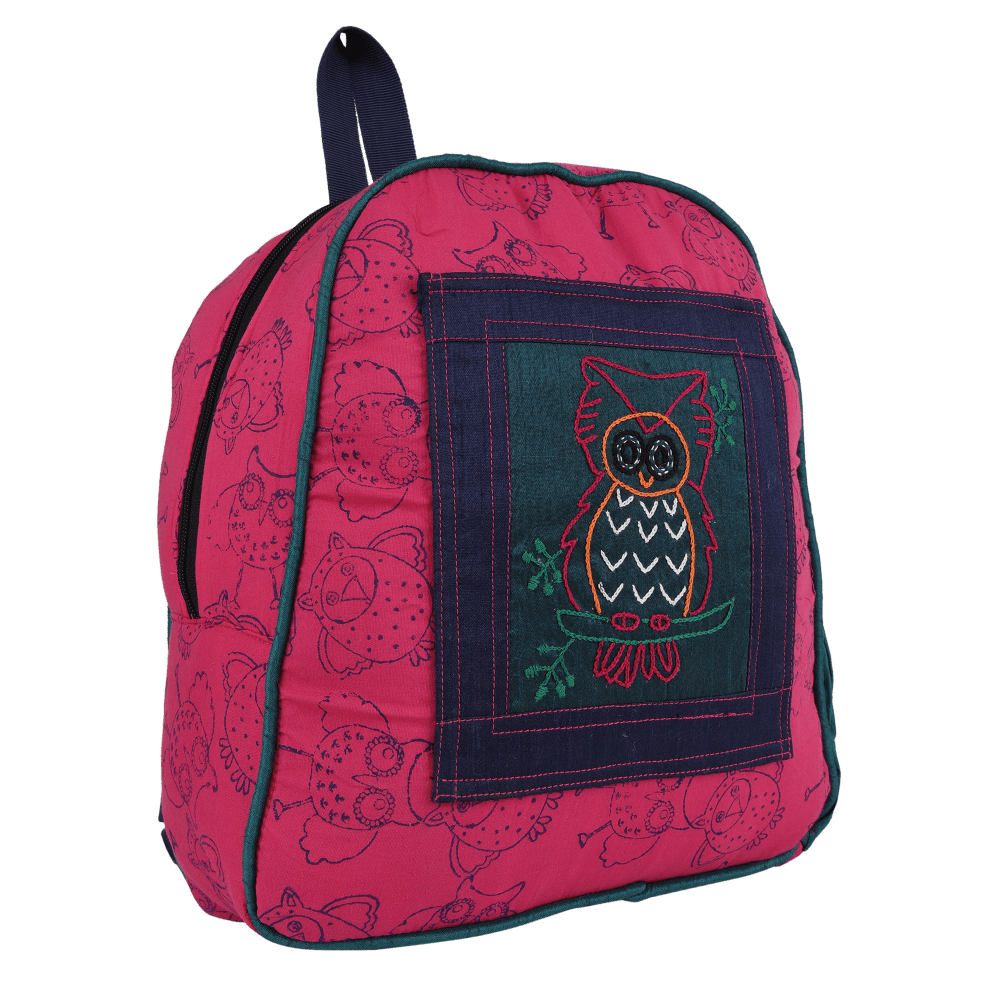INDHA Kids Backpack Bag | Handcrafted Backpack Bag | Pink Cotton Kids Backpack Bag | Hand Block Printed Owl Design Motif | Teal Green Dupion Silk |