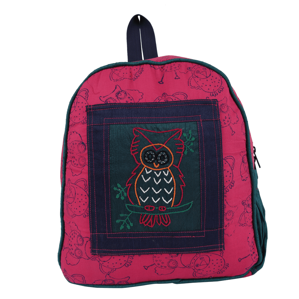 INDHA Kids Backpack Bag | Handcrafted Backpack Bag | Pink Cotton Kids Backpack Bag | Hand Block Printed Owl Design Motif | Teal Green Dupion Silk |