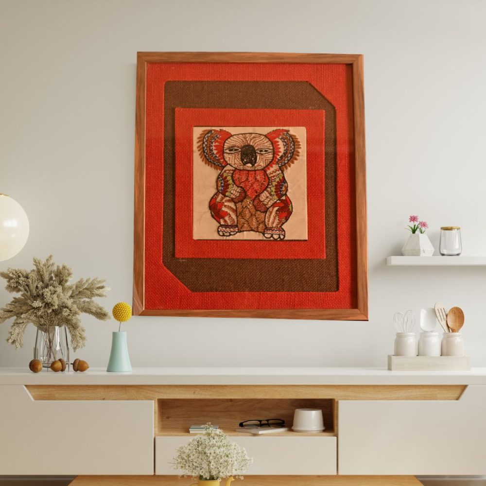 INDHA Handcrafted Wall Décor | Red And Brown Jute Wall Décor | Reprocessed Wood Wooden Frame | Off White Dupion Silk |