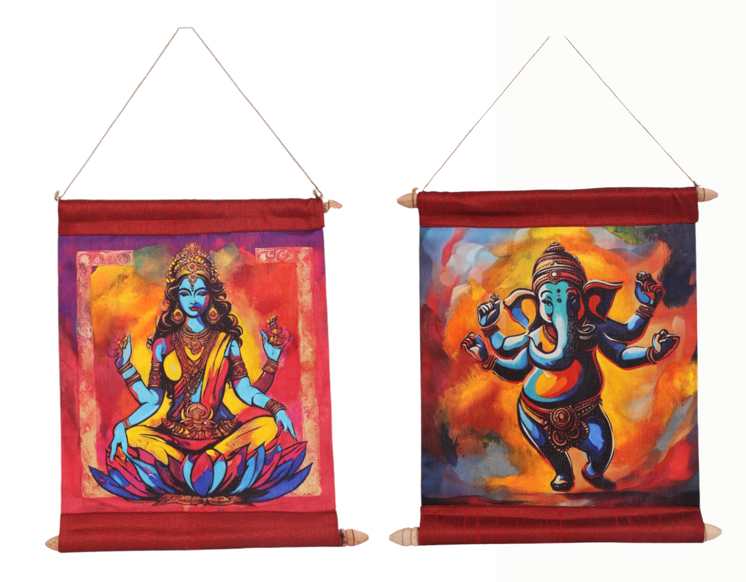 Indha Divine Blessings Mixed Media Art Scroll set of two on Silk – Handcrafted Print of Goddess Laxmi and Lord Ganesh, a Sacred Artwork for Prosperity, Spiritual Blessings, and Elegant Home Decor.