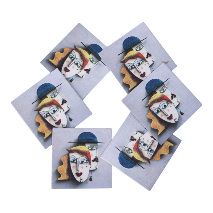 Indha Ethereal Elegance: Special Designs of Lady and Gent on Dupion Silk Coasters Set| Gift Set| Corporate Giveaways Coaster Set