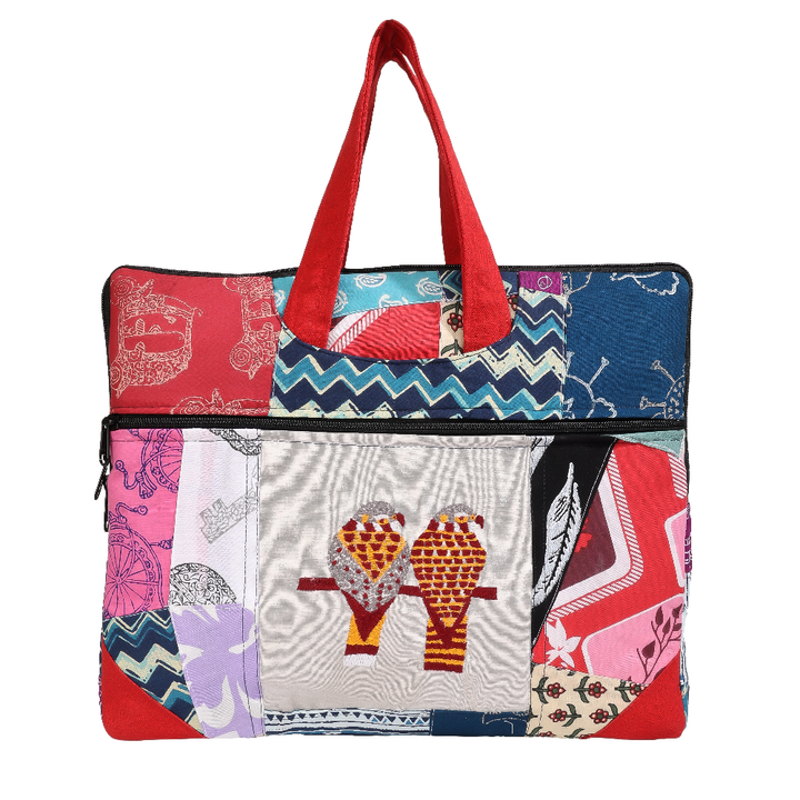 Indha Hand-Embroidered Laptop Bag – Cotton Patchwork with Bird Motif | 29 x 36 cm | Eco-Friendly Boho Office &amp; Travel Bag