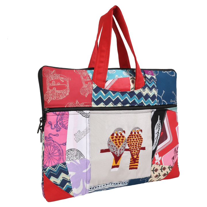 Indha Hand-Embroidered Laptop Bag – Cotton Patchwork with Bird Motif | 29 x 36 cm | Eco-Friendly Boho Office &amp; Travel Bag