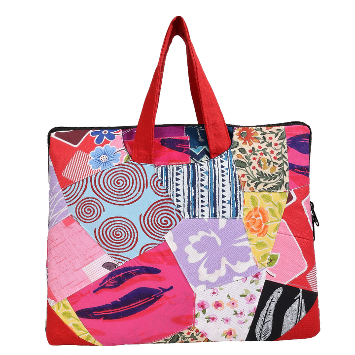 Indha Hand-Embroidered Laptop Bag – Cotton Patchwork with Dancing Lady Motif | 29 x 36 cm | Boho-Chic Office &amp; Travel Bag