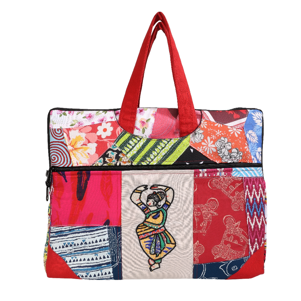 Indha Hand-Embroidered Laptop Bag – Cotton Patchwork with Dancing Lady Motif | 29 x 36 cm | Boho-Chic Office &amp; Travel Bag