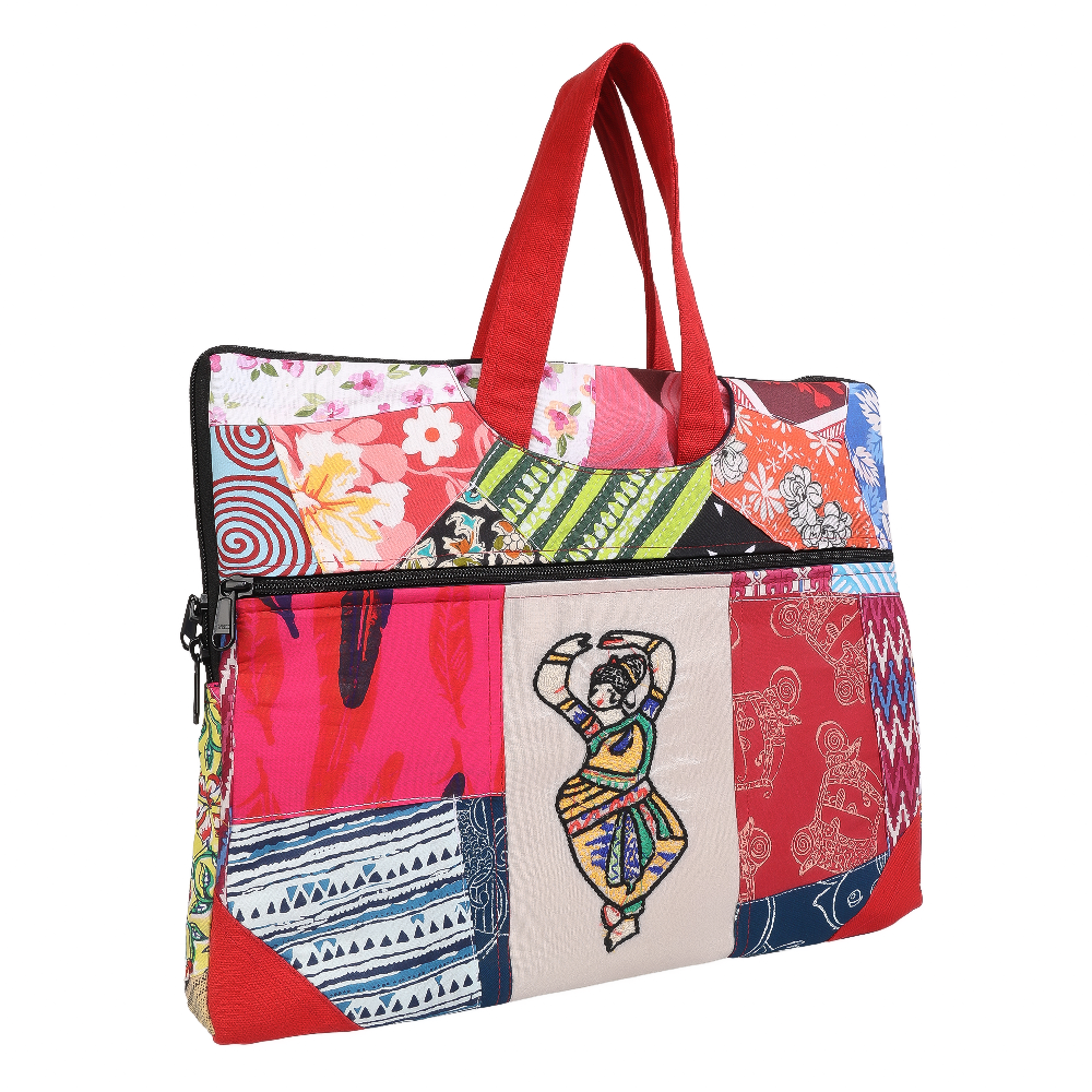 Indha Hand-Embroidered Laptop Bag – Cotton Patchwork with Dancing Lady Motif | 29 x 36 cm | Boho-Chic Office &amp; Travel Bag
