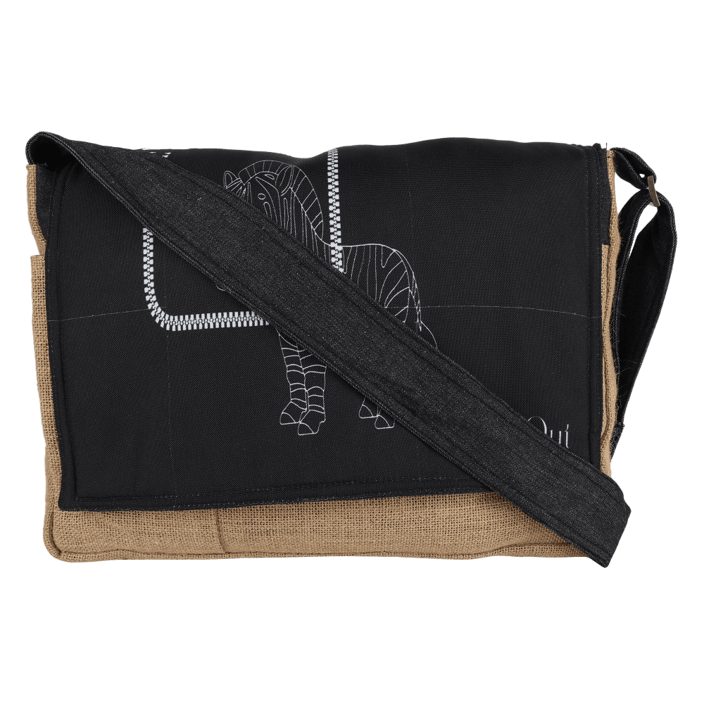 INDHA Laptop Bag | Natural Jute Laptop Bag | Black Poly Canvas Laptop Bag | Digital Printed White Zebra Design | 15 Inch Laptop Bag | Water Resistant Laptop Bag | Corporate Gifting | Gifting |