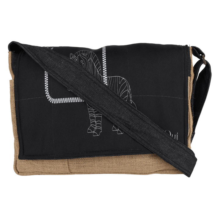 INDHA Laptop Bag | Natural Jute Laptop Bag | Black Poly Canvas Laptop Bag | Digital Printed White Zebra Design | 15 Inch Laptop Bag | Water Resistant Laptop Bag | Corporate Gifting | Gifting |