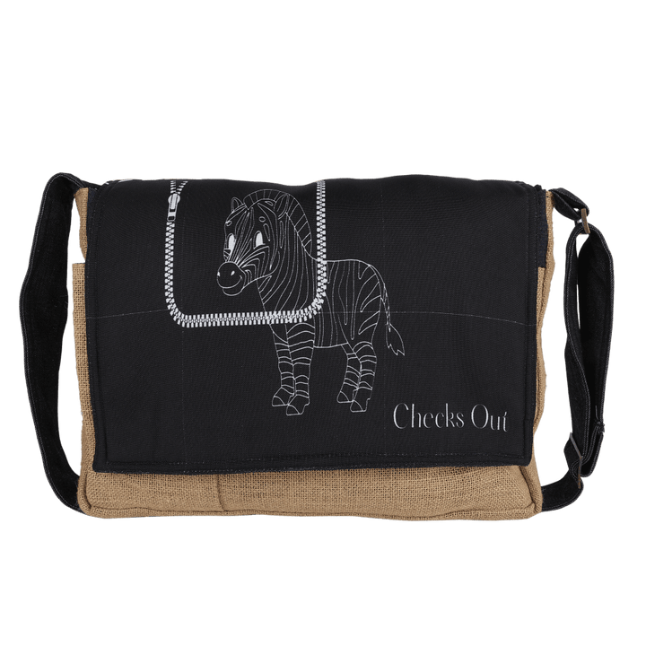 INDHA Laptop Bag | Natural Jute Laptop Bag | Black Poly Canvas Laptop Bag | Digital Printed White Zebra Design | 15 Inch Laptop Bag | Water Resistant Laptop Bag | Corporate Gifting | Gifting |