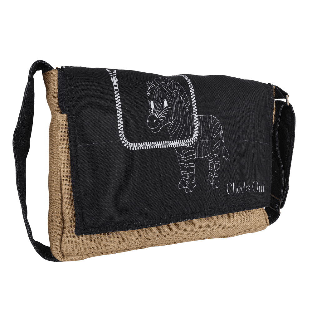 INDHA Laptop Bag | Natural Jute Laptop Bag | Black Poly Canvas Laptop Bag | Digital Printed White Zebra Design | 15 Inch Laptop Bag | Water Resistant Laptop Bag | Corporate Gifting | Gifting |