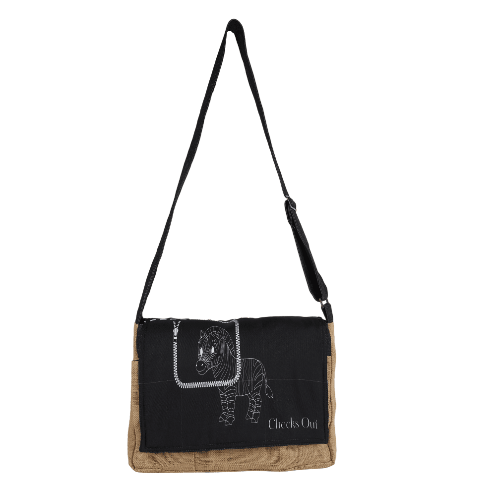 INDHA Laptop Bag | Natural Jute Laptop Bag | Black Poly Canvas Laptop Bag | Digital Printed White Zebra Design | 15 Inch Laptop Bag | Water Resistant Laptop Bag | Corporate Gifting | Gifting |