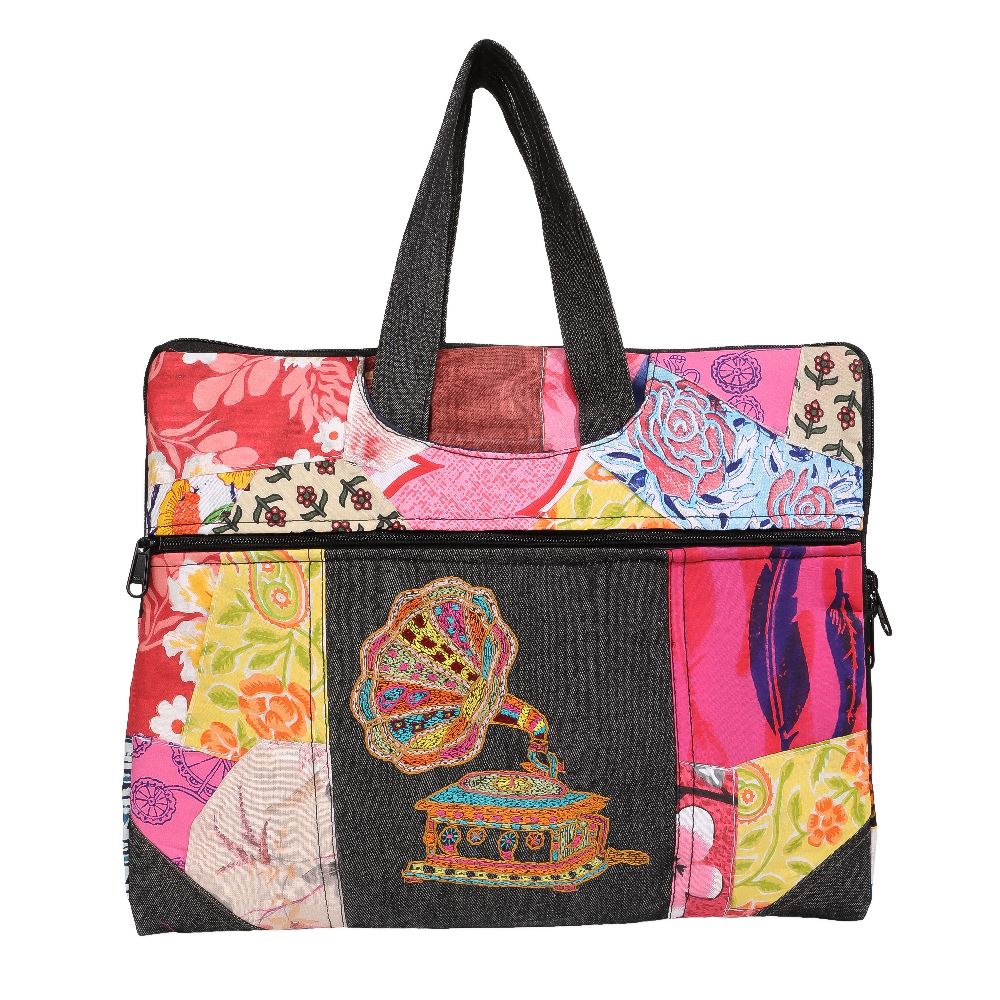 Indha Hand-Embroidered Laptop Bag – Cotton Patchwork with Gramophone Motif | 29 x 36 cm | Vintage-Inspired Eco-Friendly Bag