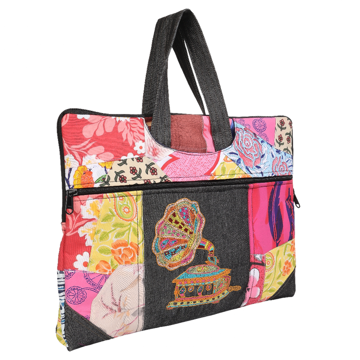 Indha Hand-Embroidered Laptop Bag – Cotton Patchwork with Gramophone Motif | 29 x 36 cm | Vintage-Inspired Eco-Friendly Bag