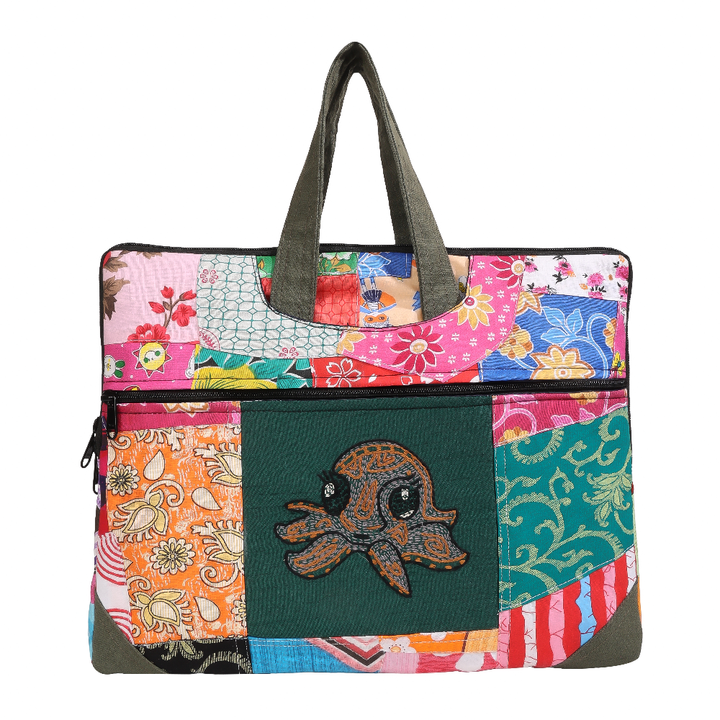 Indha Multicolor Upcycled Cotton Patchwork Laptop Sleeve – Hand Embroidered Motif, Eco-Friendly 11"x14.5" Padded Bag with YKK Zipper