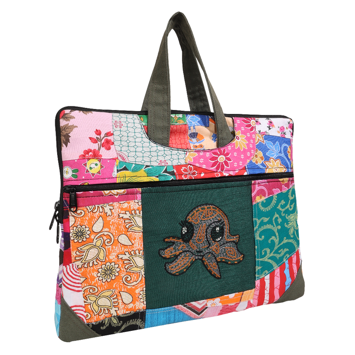 Indha Multicolor Upcycled Cotton Patchwork Laptop Sleeve – Hand Embroidered Motif, Eco-Friendly 11"x14.5" Padded Bag with YKK Zipper