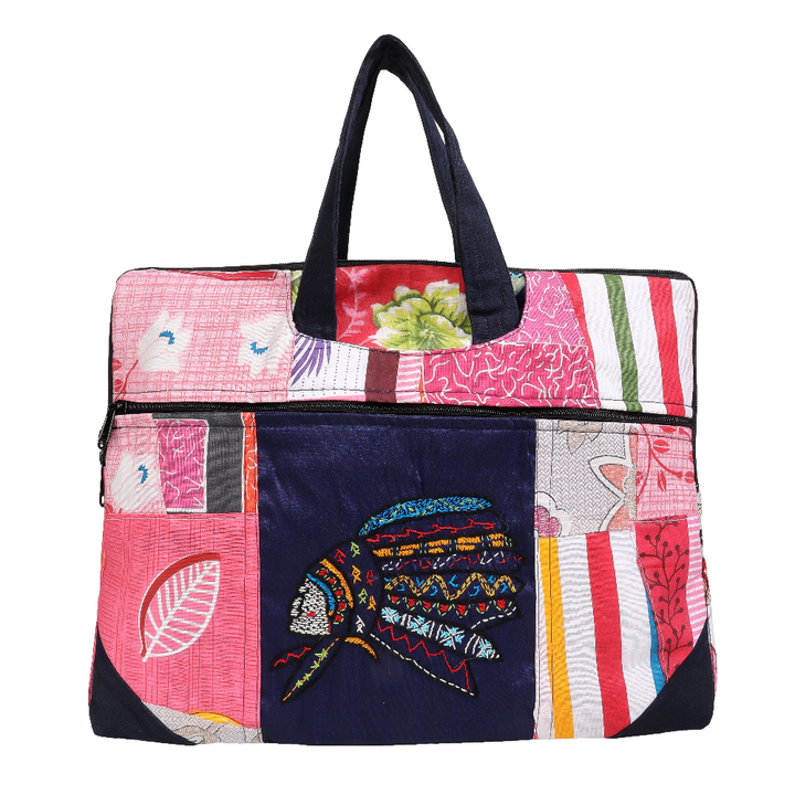 Indha Hand-Embroidered Laptop Bag – Cotton Patchwork with Red Indian Motif | 29 x 36 cm | Eco-Friendly Handcrafted Office &amp; Travel Bag