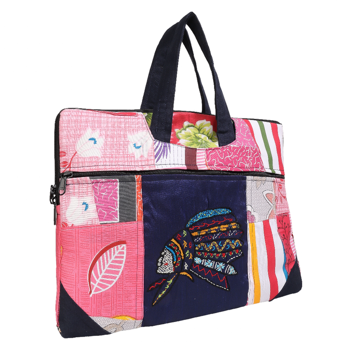 Indha Hand-Embroidered Laptop Bag – Cotton Patchwork with Red Indian Motif | 29 x 36 cm | Eco-Friendly Handcrafted Office &amp; Travel Bag