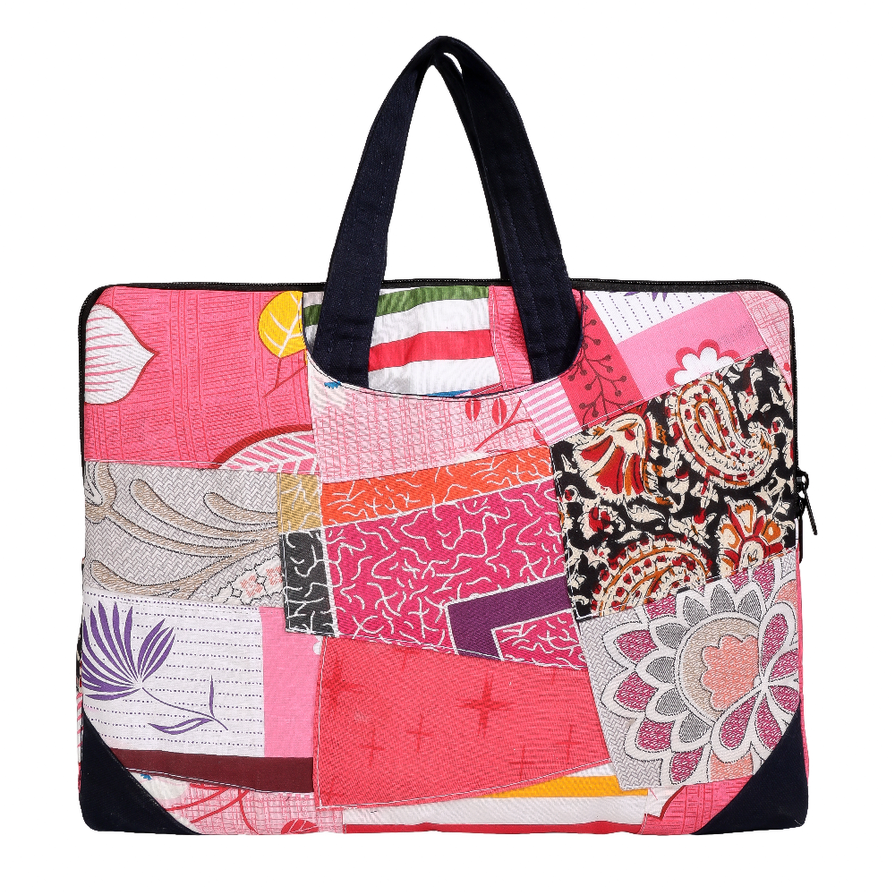 Indha Hand-Embroidered Laptop Bag – Cotton Patchwork with Red Indian Motif | 29 x 36 cm | Eco-Friendly Handcrafted Office &amp; Travel Bag