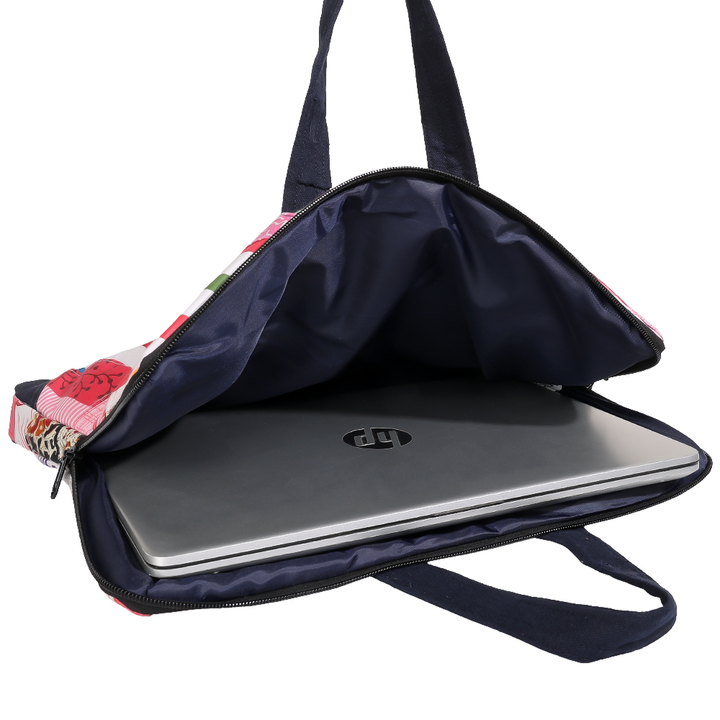 Indha Hand-Embroidered Laptop Bag – Cotton Patchwork with Red Indian Motif | 29 x 36 cm | Eco-Friendly Handcrafted Office &amp; Travel Bag