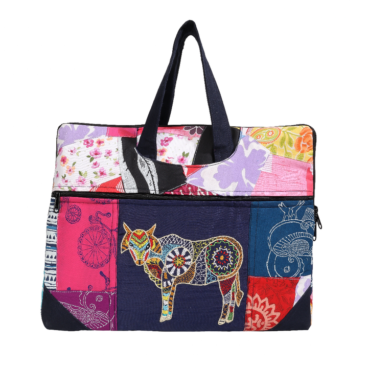 Indha Hand-Embroidered Laptop Bag – Cotton Patchwork with Cow Motif | 29 x 36 cm | Eco-Friendly Handcrafted Office &amp; Travel Bag