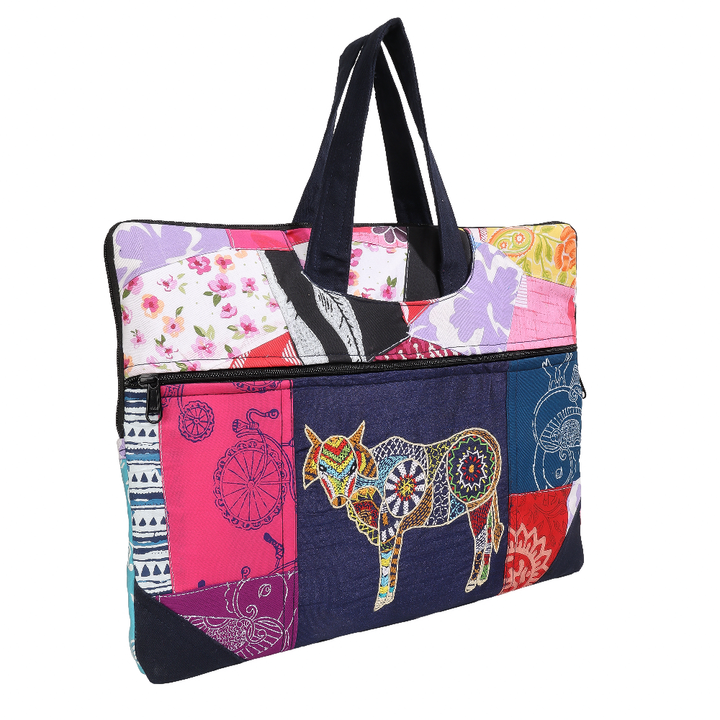 Indha Hand-Embroidered Laptop Bag – Cotton Patchwork with Cow Motif | 29 x 36 cm | Eco-Friendly Handcrafted Office &amp; Travel Bag