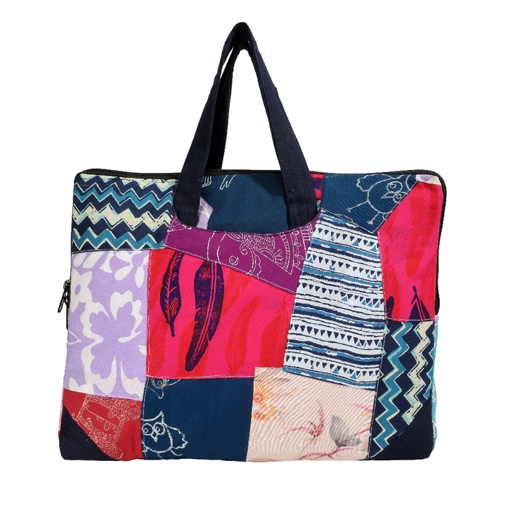 Indha Hand-Embroidered Laptop Bag – Cotton Patchwork with Bird Motif | 29 x 36 cm | Eco-Friendly Boho Office &amp; Travel Bag