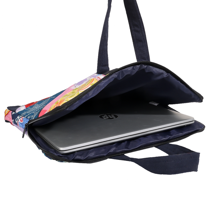 Indha Hand-Embroidered Laptop Bag – Cotton Patchwork with Gramophone Motif | 29 x 36 cm | Vintage-Inspired Eco-Friendly Bag