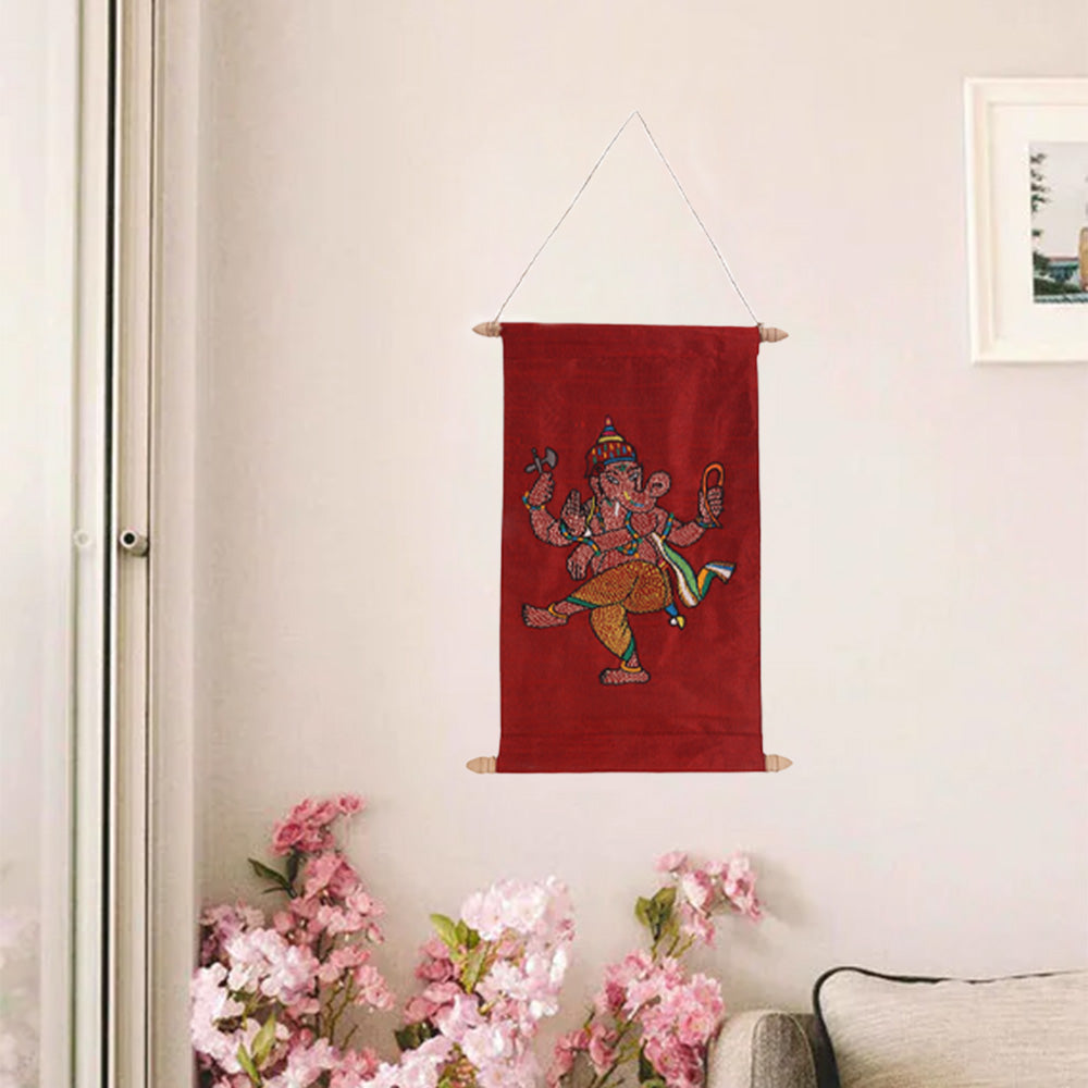 Indha Hand-Embroidered Lord Ganesh Motif Scroll – A Sacred and Exquisite Artwork in a Handcrafted Gift Box, Ideal for Blessings, Home Decor, and Spiritual Gifting.