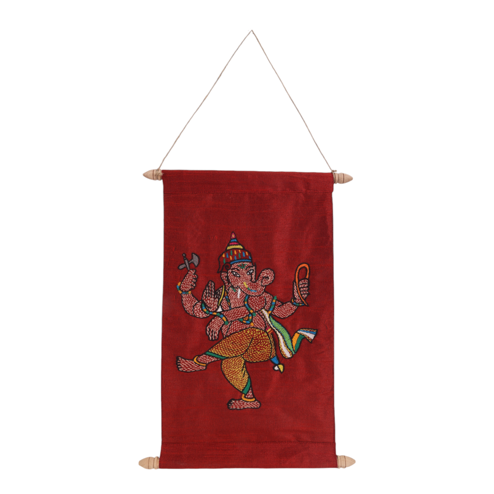 Indha Hand-Embroidered Lord Ganesh Motif Scroll – A Sacred and Exquisite Artwork in a Handcrafted Gift Box, Ideal for Blessings, Home Decor, and Spiritual Gifting.