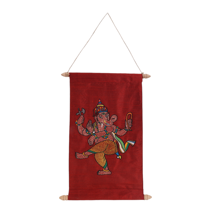 Indha Hand-Embroidered Lord Ganesh Motif Scroll – A Sacred and Exquisite Artwork in a Handcrafted Gift Box, Ideal for Blessings, Home Decor, and Spiritual Gifting.