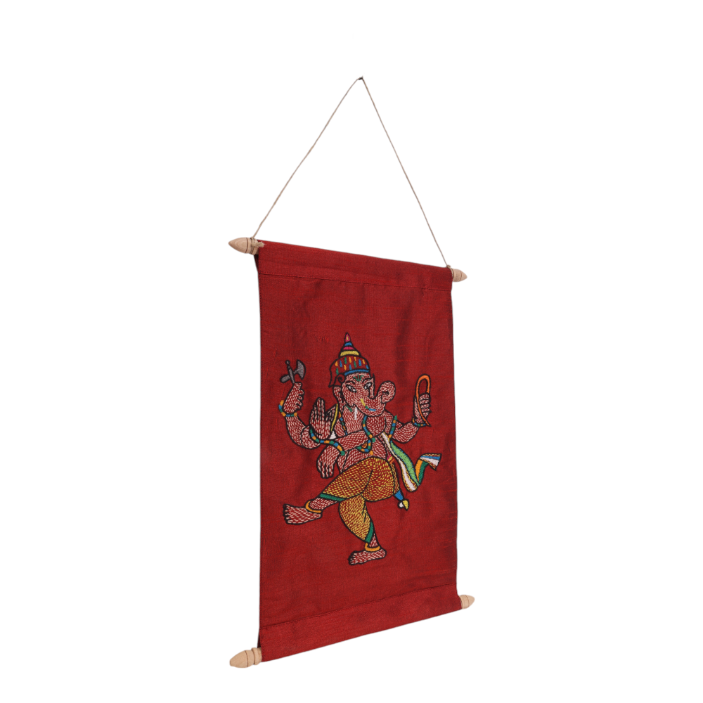 Indha Hand-Embroidered Lord Ganesh Motif Scroll – A Sacred and Exquisite Artwork in a Handcrafted Gift Box, Ideal for Blessings, Home Decor, and Spiritual Gifting.
