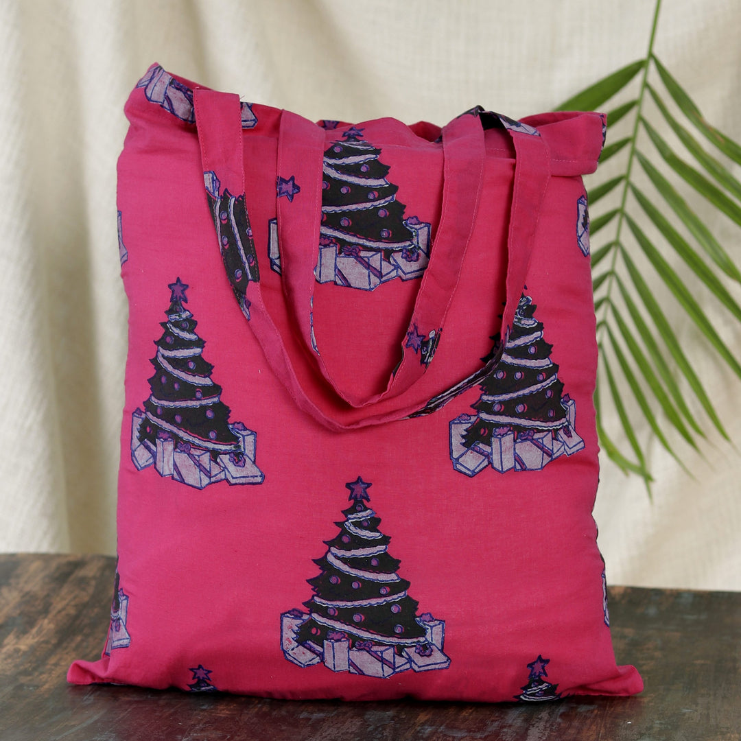 INDHA Christmas Tree Block Printed Pink Cotton Tote Bag | Christmas Gifts | Festive Gifts | Shopping Bag