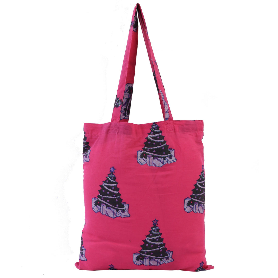 INDHA Christmas Tree Block Printed Pink Cotton Tote Bag | Christmas Gifts | Festive Gifts | Shopping Bag