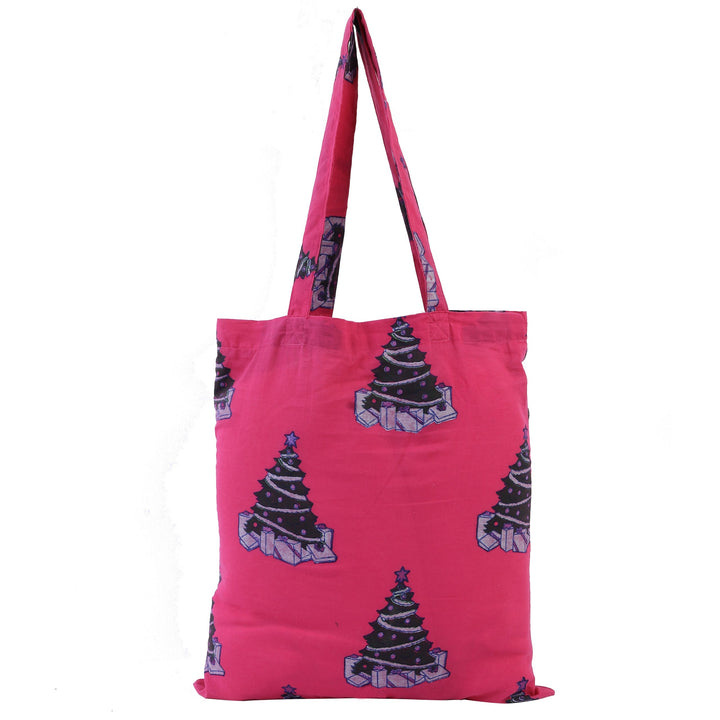 INDHA Christmas Tree Block Printed Pink Cotton Tote Bag | Christmas Gifts | Festive Gifts | Shopping Bag