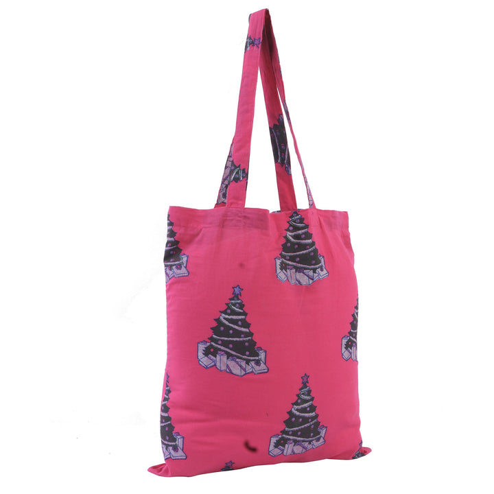 INDHA Christmas Tree Block Printed Pink Cotton Tote Bag | Christmas Gifts | Festive Gifts | Shopping Bag