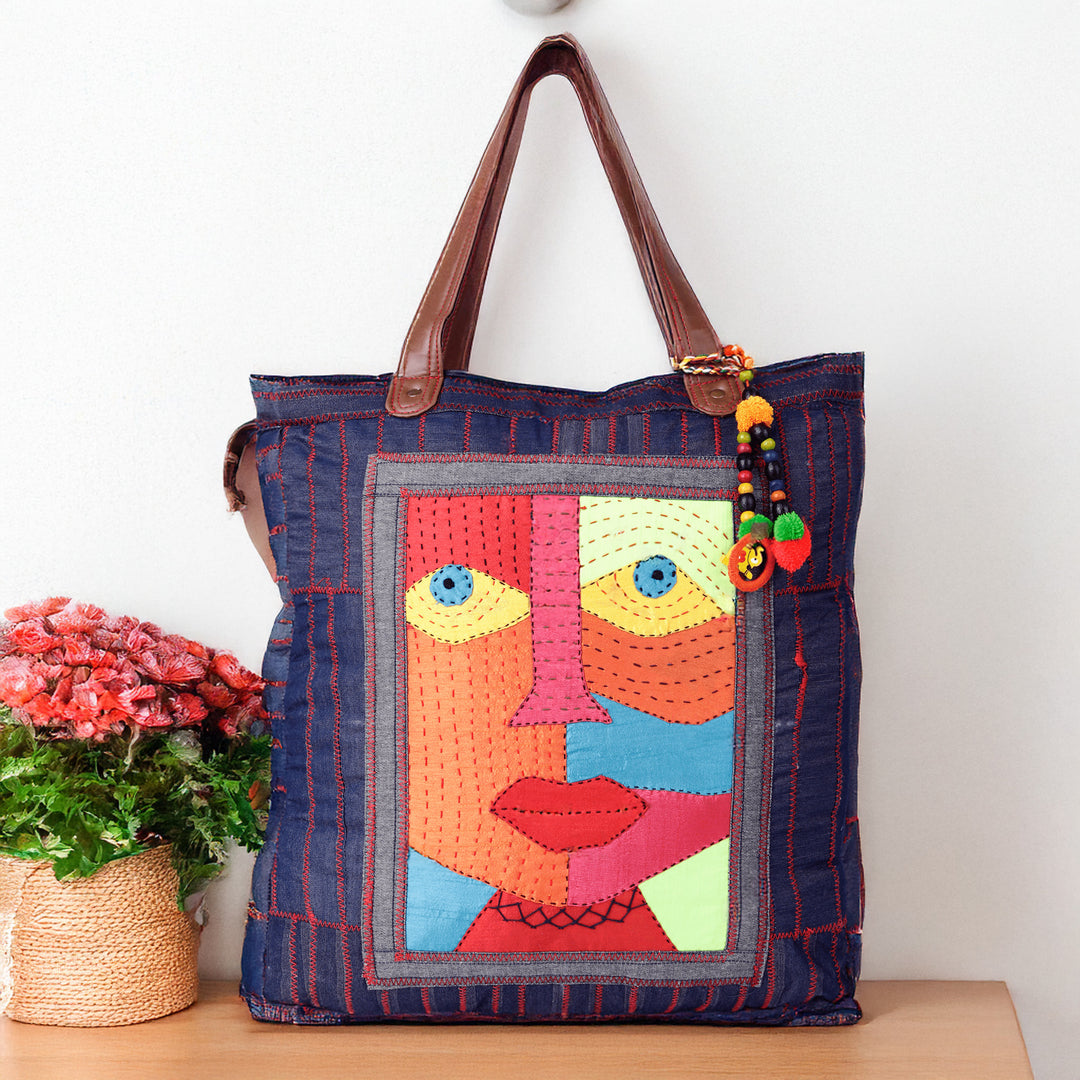 Denim Zig-Zag Tote Bag