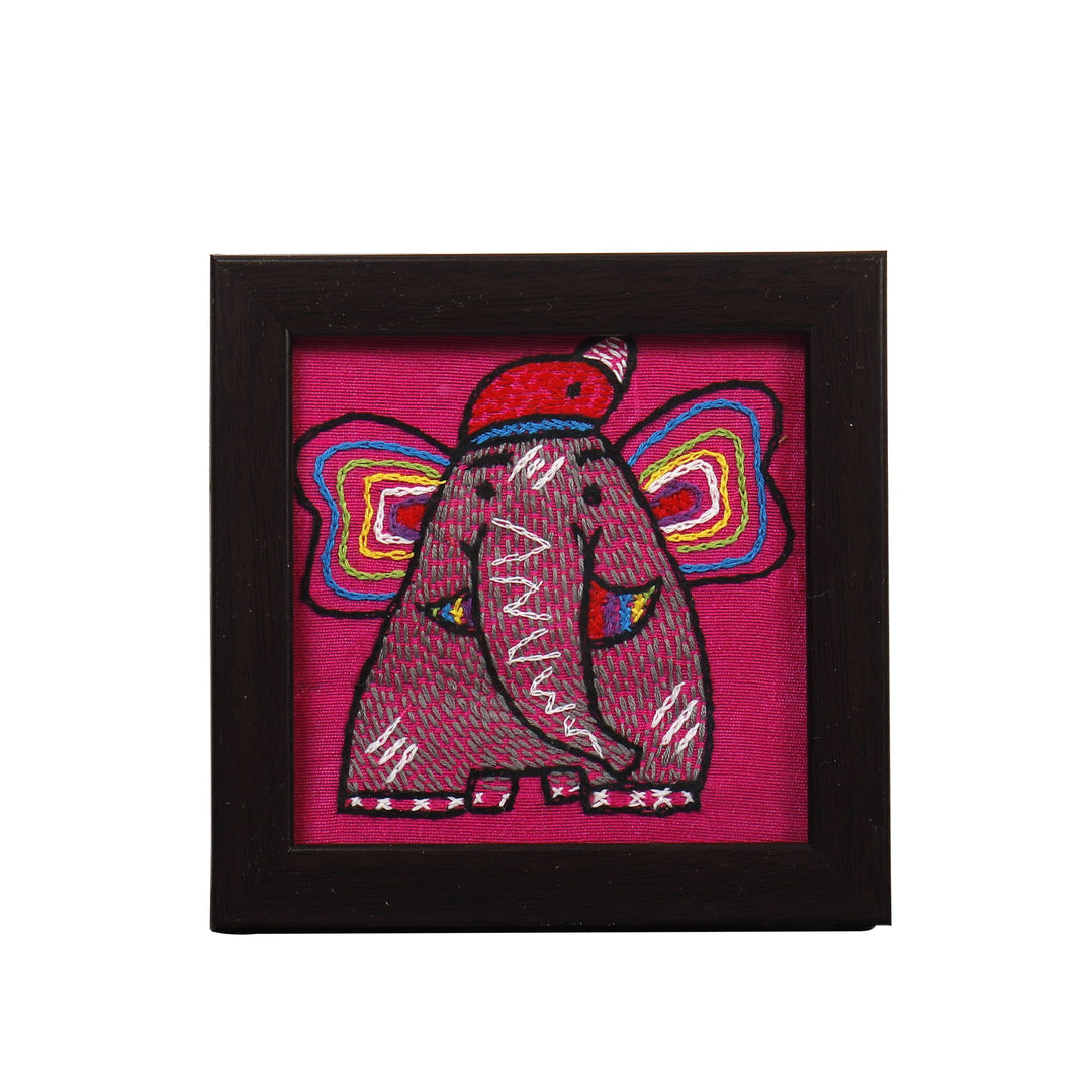 Indha Baby Elephant Design Kantha Work Hand Embroidered On Pink Dupion Silk Wooden Glass Coaster Set | Set Of 2 Glass Coaster | Hand Embroidered Utility Décor |