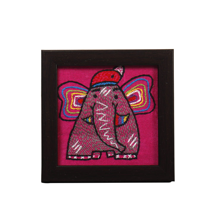 Indha Baby Elephant Design Kantha Work Hand Embroidered On Pink Dupion Silk Wooden Glass Coaster Set | Set Of 2 Glass Coaster | Hand Embroidered Utility Décor |