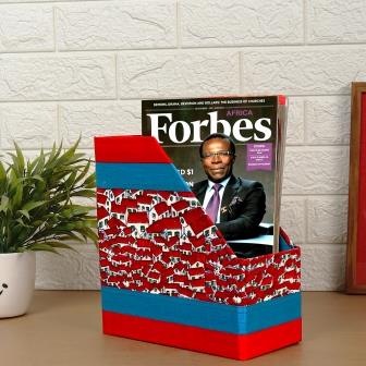 INDHA Maroon And White Huts Motif |Designer Hand Block Printed Magazine Holder | Sky Blue And Red Dupion Silk Magazine Holder | Foldable Magazine Holder | Home Utility | Office Utility | Desk Organizer