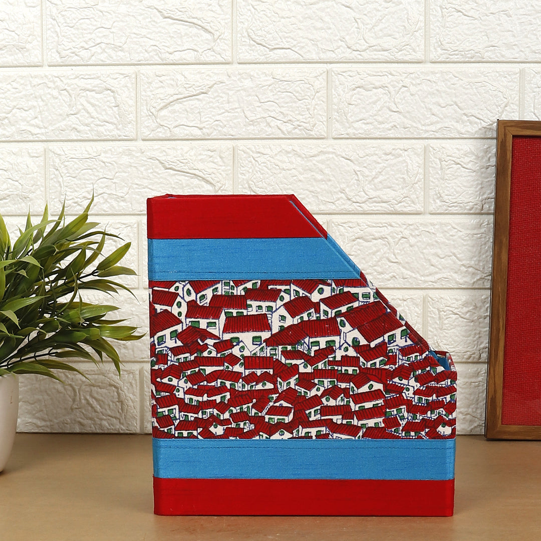 INDHA Maroon And White Huts Motif |Designer Hand Block Printed Magazine Holder | Sky Blue And Red Dupion Silk Magazine Holder | Foldable Magazine Holder | Home Utility | Office Utility | Desk Organizer